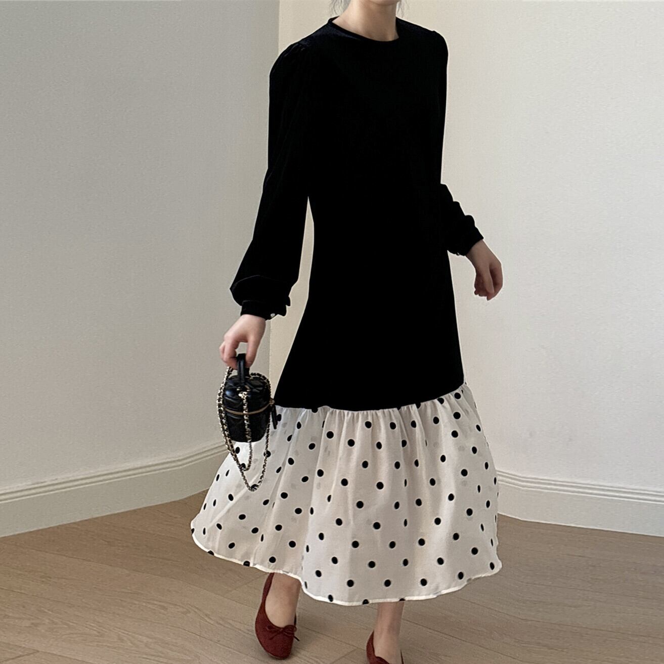 【dress】ドット柄ドッキングワンピース　M29743