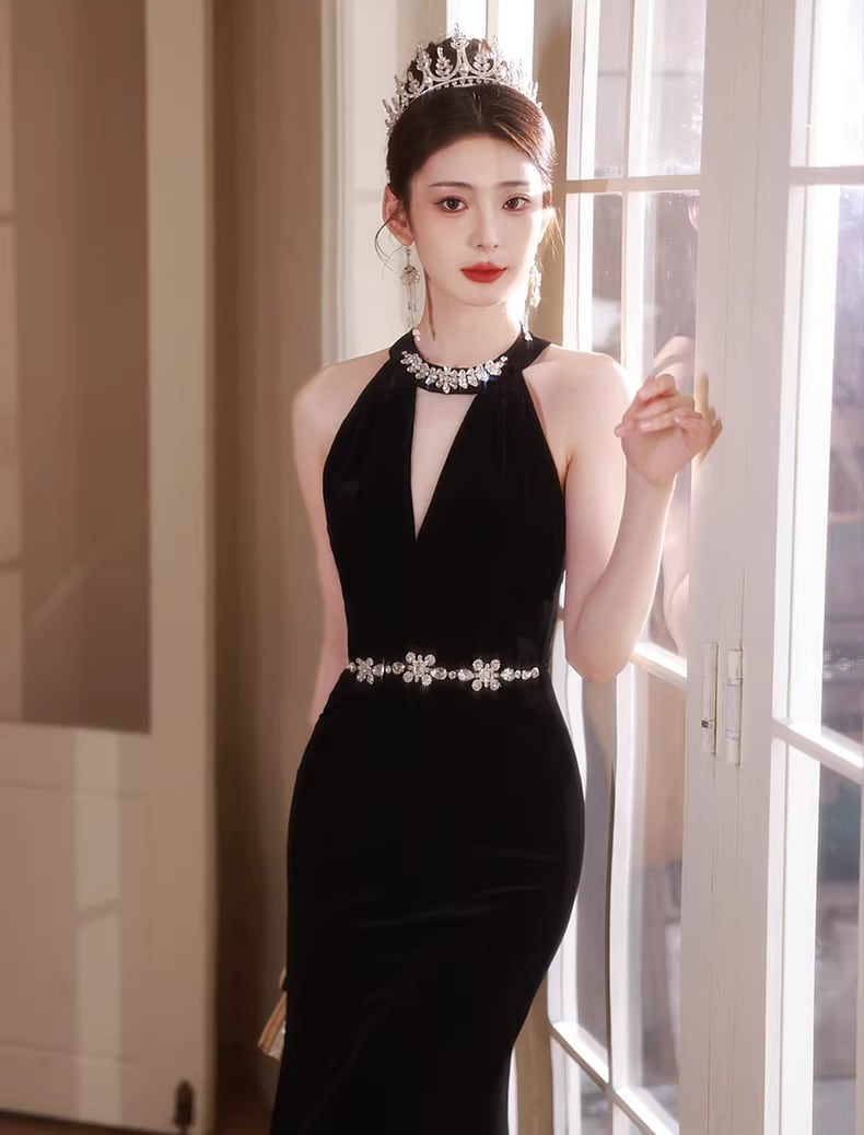 【dress】ラインストーン付きノースリーブマーメイドワンピース Q7993