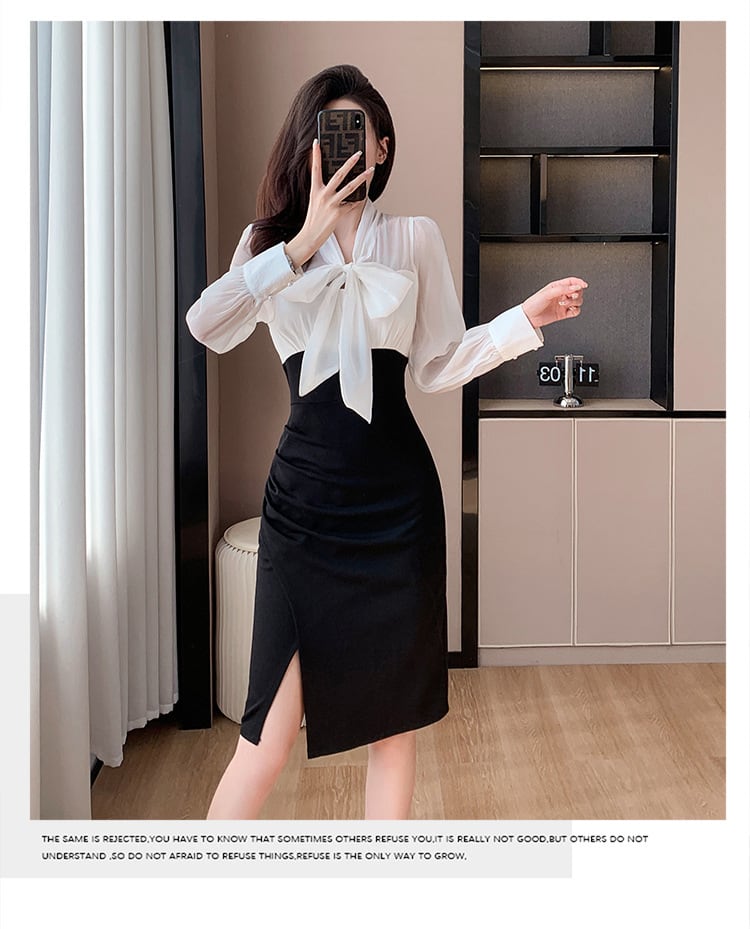 【dress】長袖偽二つ切り替えリボンワンピース G17925