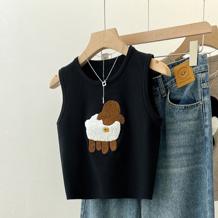 【tops】ラウンドネック動物柄ニットタンクトップF7303