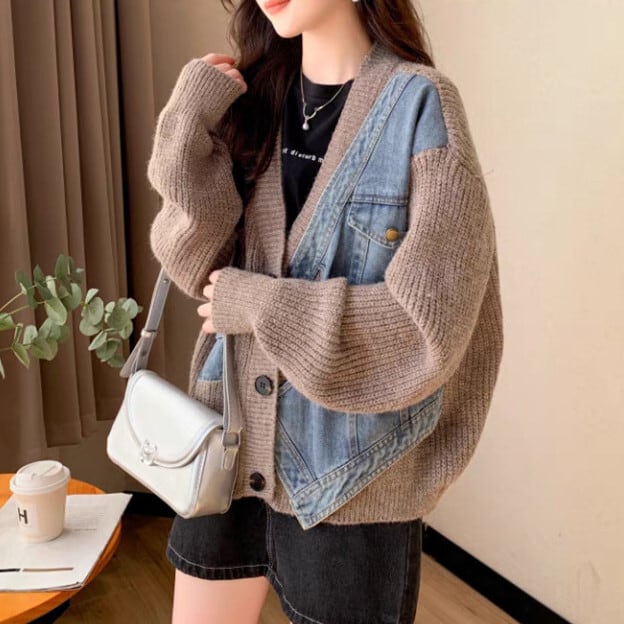 【outer】デニム切り替えニットカーデ　M29328