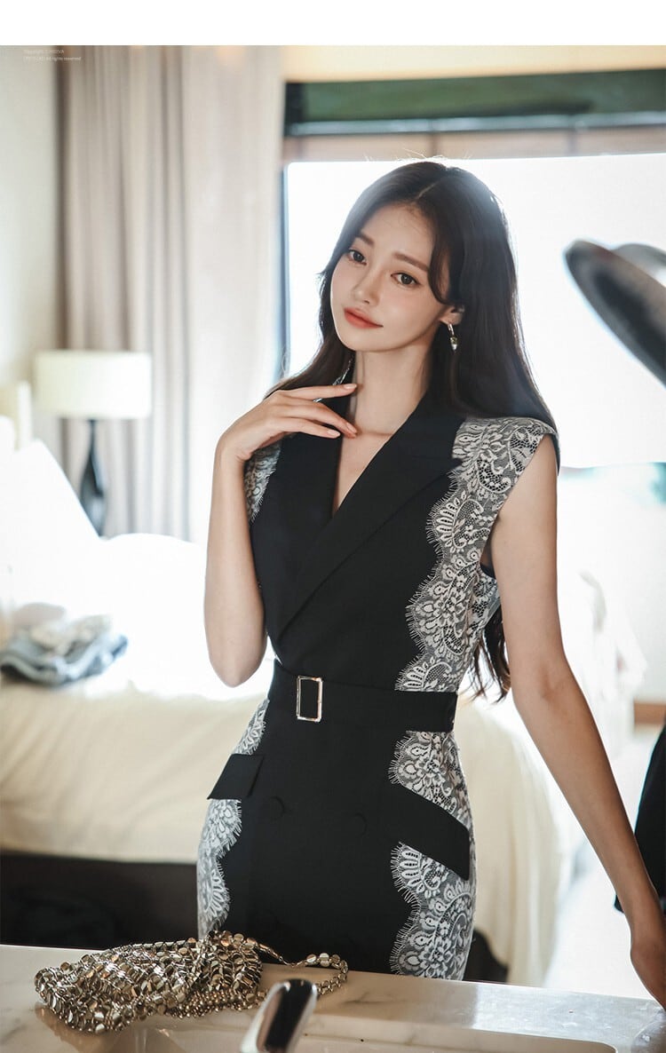 【dress】ノースリーブレース切り替えスーツワンピース G20869