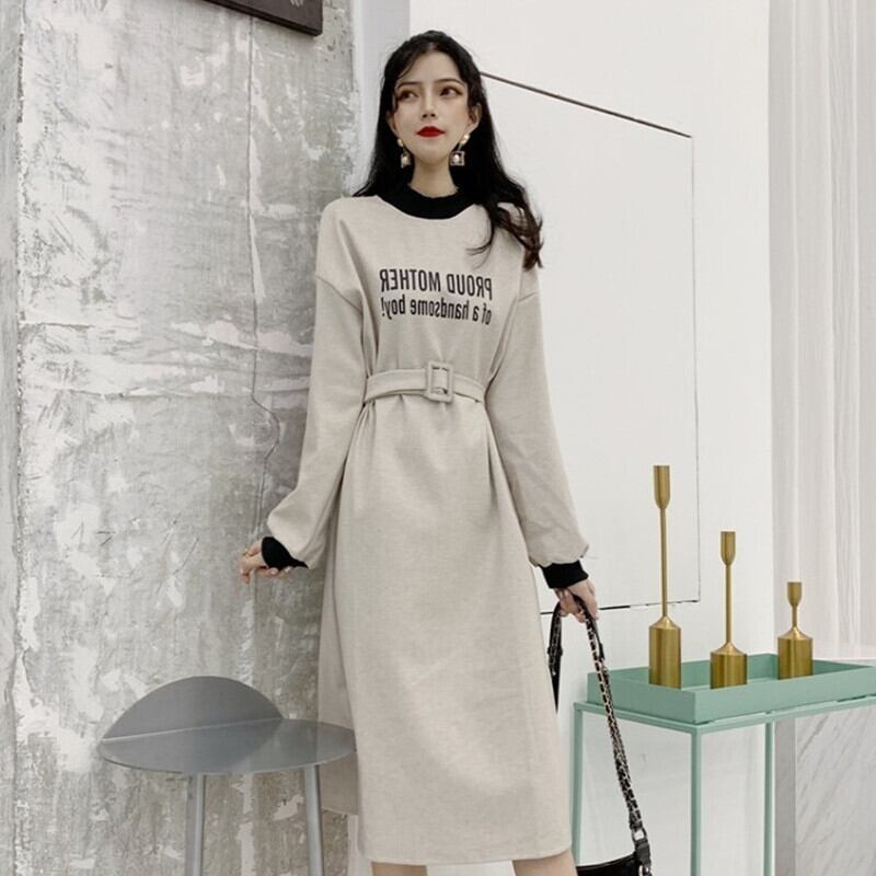 【dress】韓流スタイル好感度UP!気質満点ラウンドネック長袖パーカーワンピース G2001