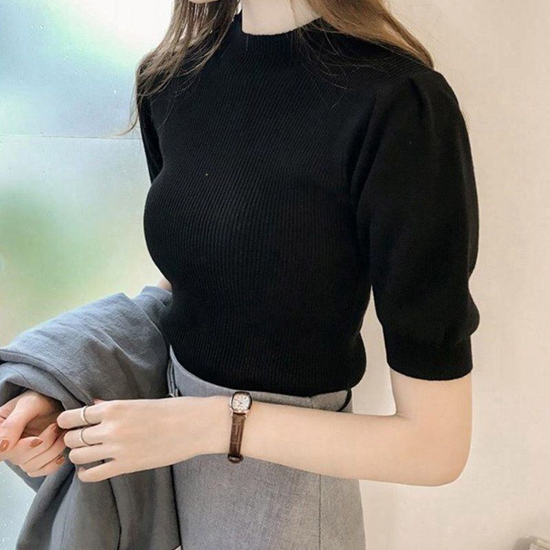 【tops】気質溢れる♪ハーフネック半袖ファッション無地着回し着やせニット