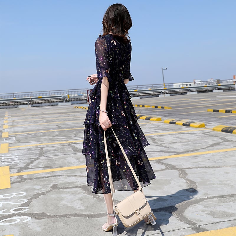 【dress】一目惚れ！Vネックフレアスリーブギャザー花柄ワンピースF0297