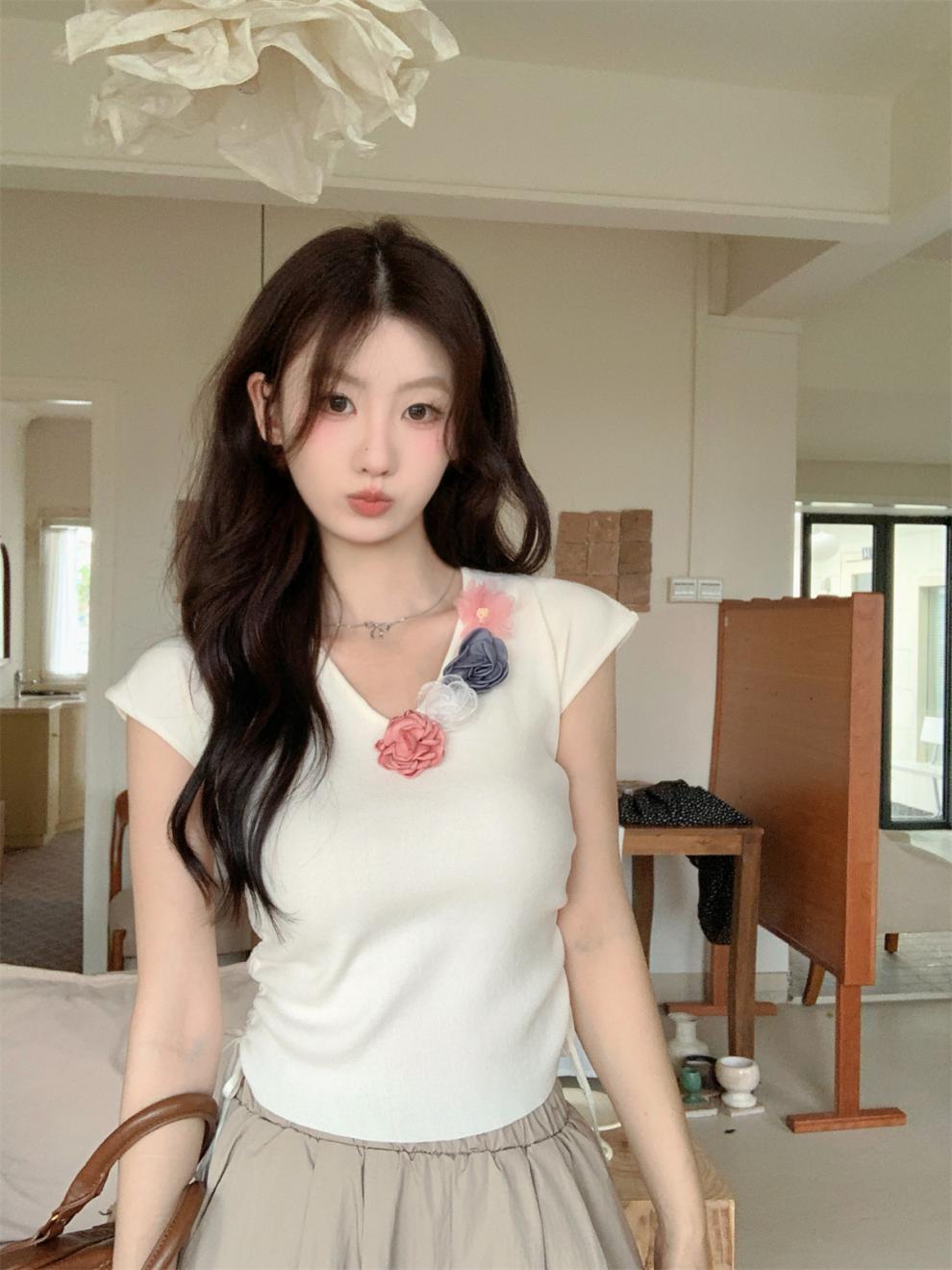 【tops】立体フラワーニットTシャツ　M24271