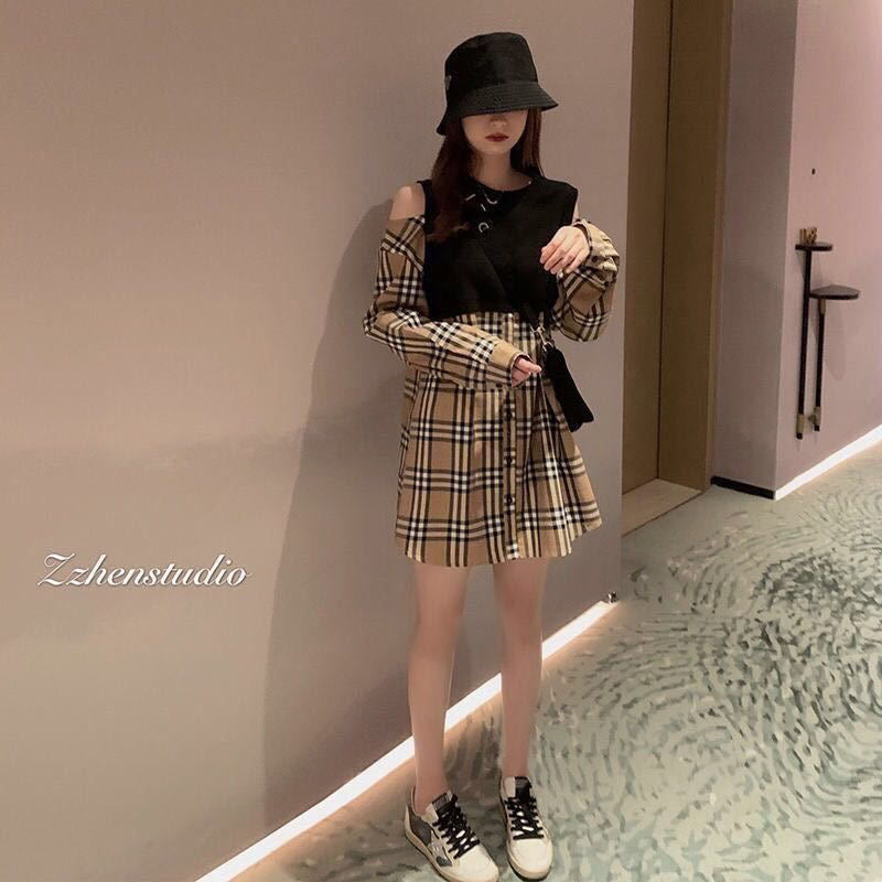 【dress】肩開き切り替えチェック柄ワンピースF8137