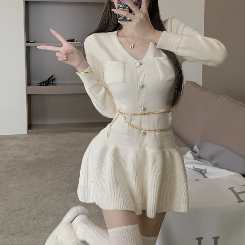 【dress】Vネックフレアニットワンピース Q7515