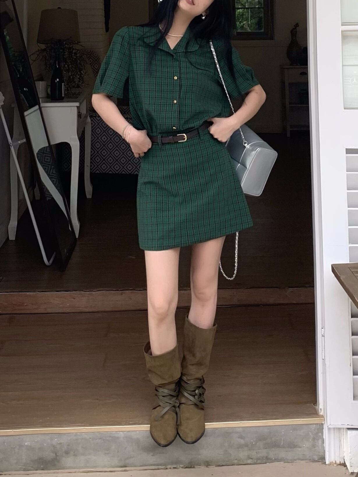 【set】チェック柄ブラウス+スカート２点セットG21572