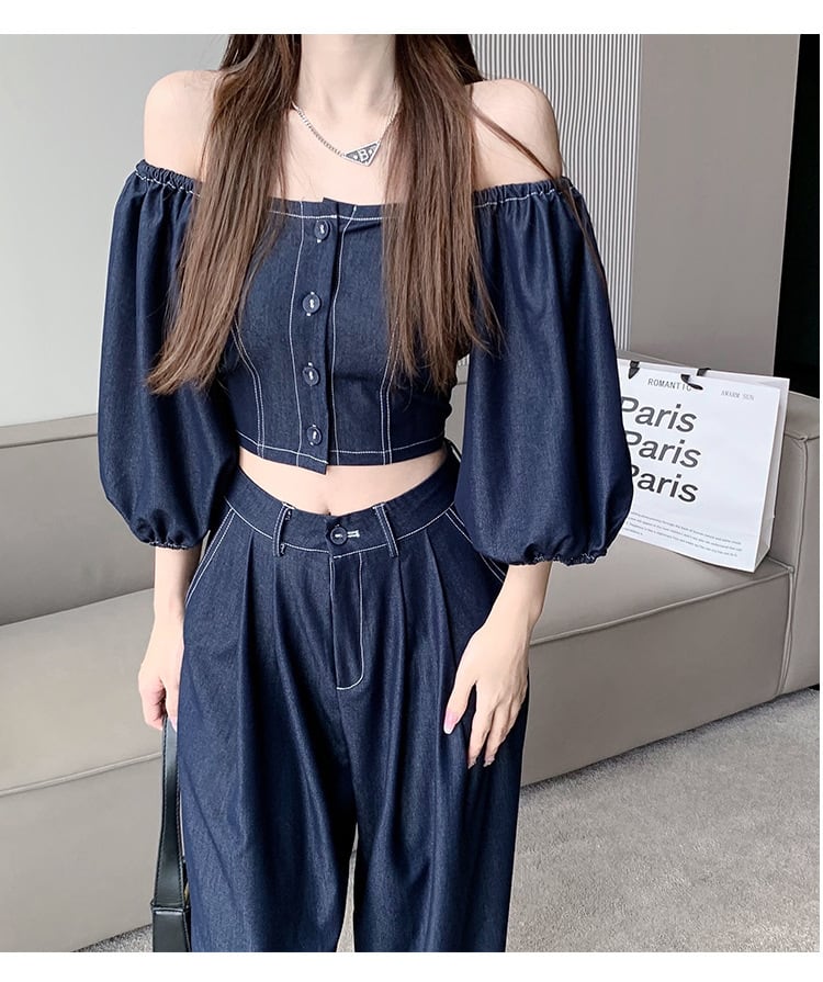 【set】オフネック半袖パフ袖ブラウス+無地ガウチョパンツ2点セットF5313