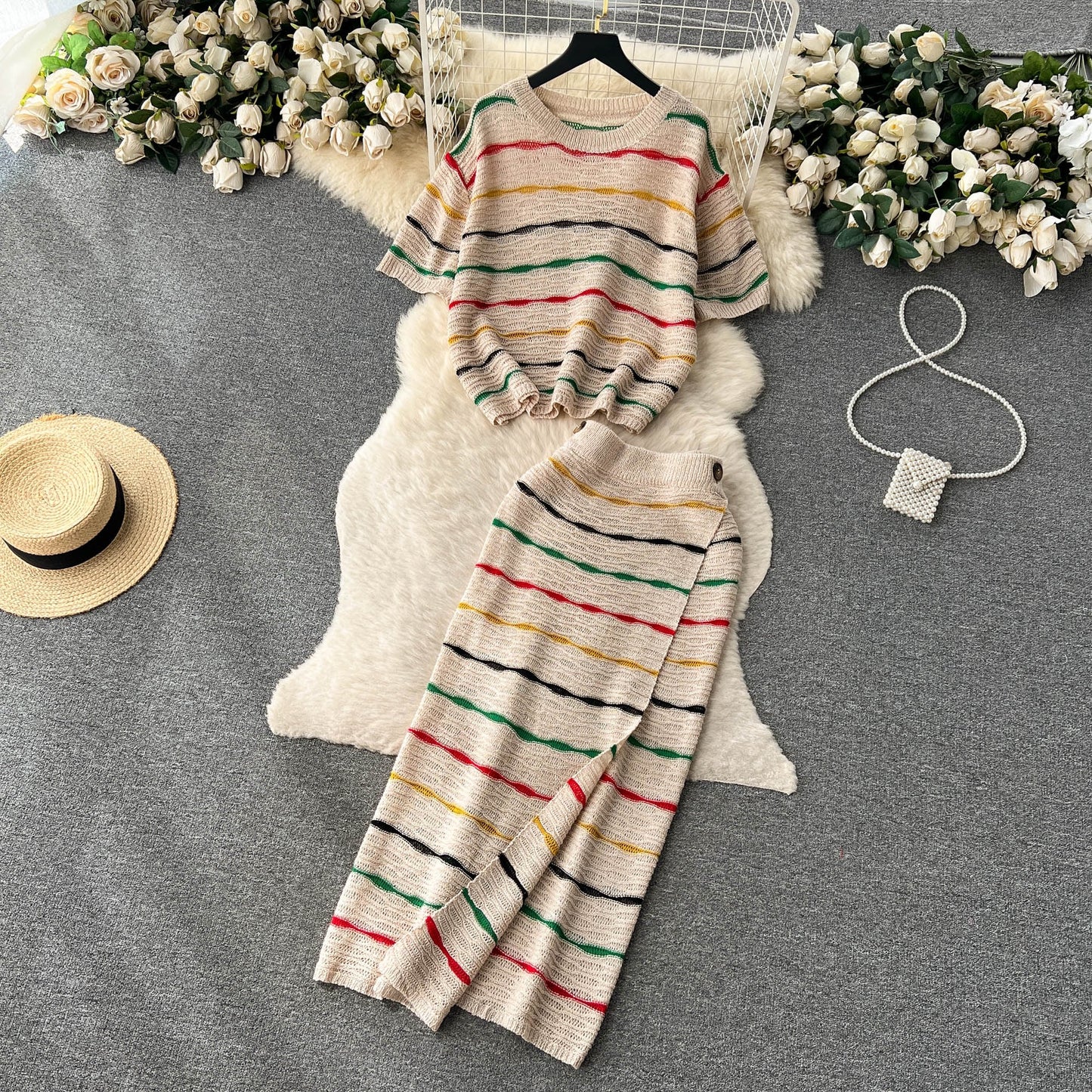 【set】ストライプ柄ニットトップス+スカート２点セットG20661