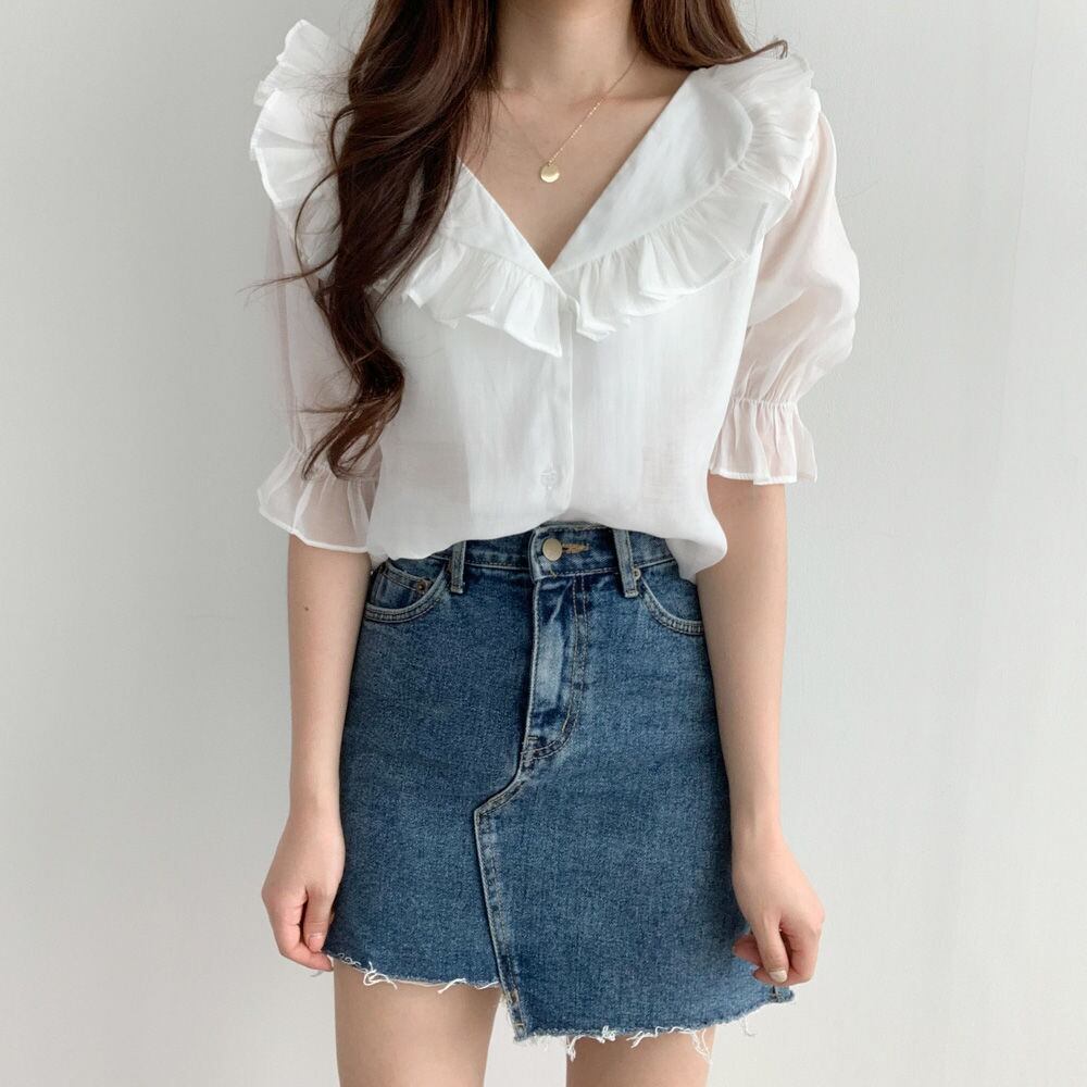 【tops】美人度アップ!韓国系夏スウィートパフスリーブ洋気フリル シフォンシャツ G0950