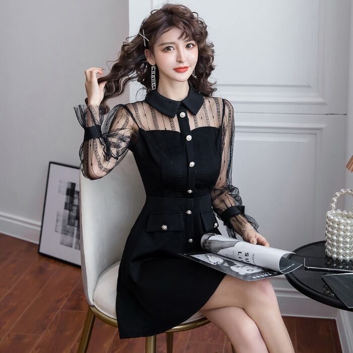 【dress】ファッション好感度UP!気質満点レトロPOLOネック切り替え着痩せワンピース