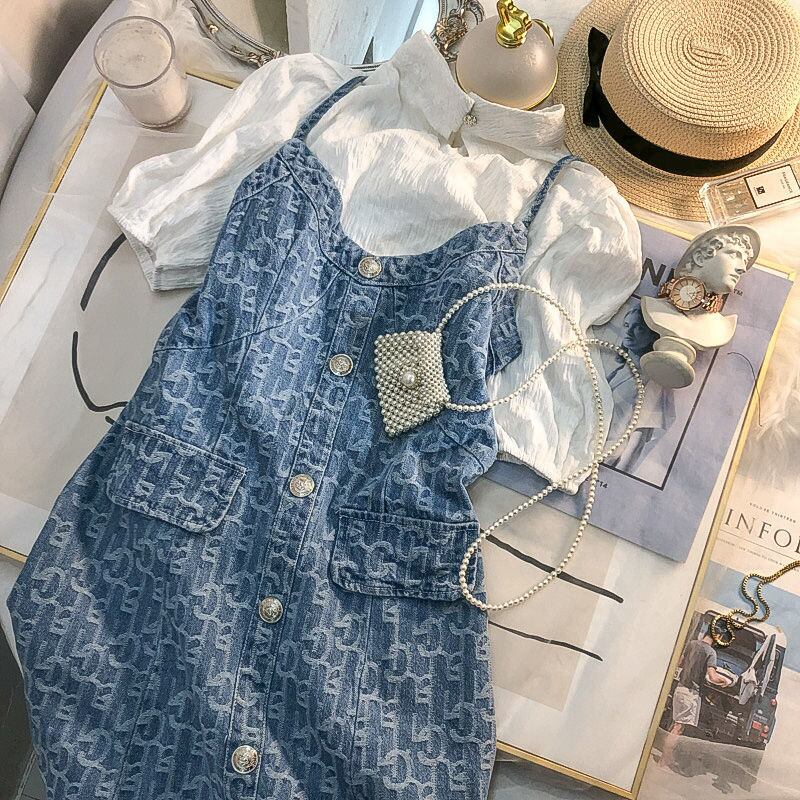 【set】今季大好評半袖無地ブラウス+デニム配色キャミワンピース気質満点セットアップF5489