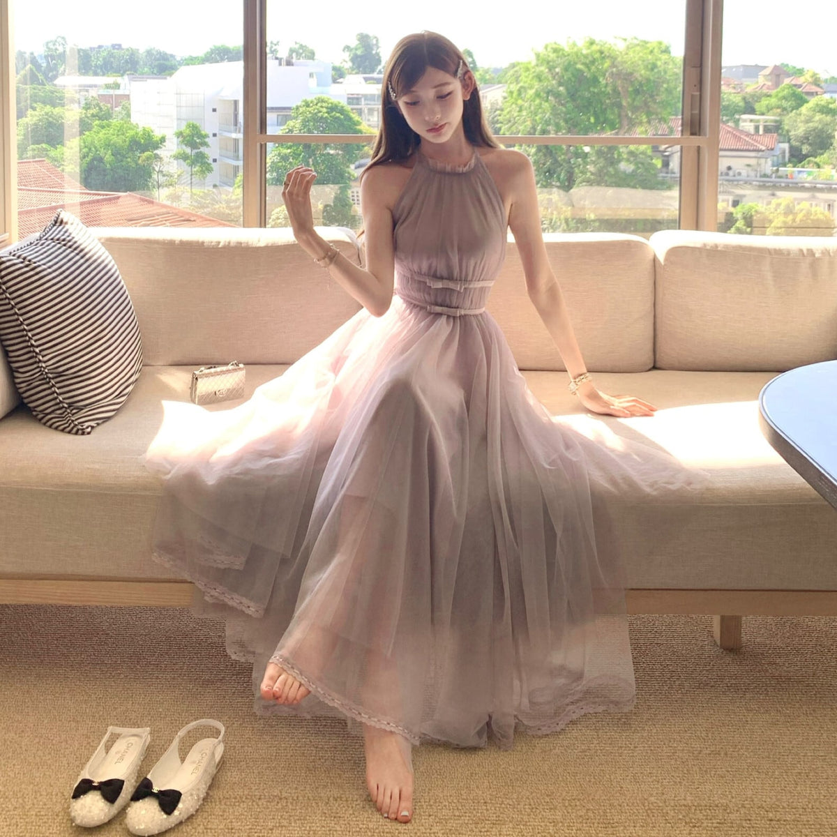 【dress】バックリボンチュールロングワンピース　N3217