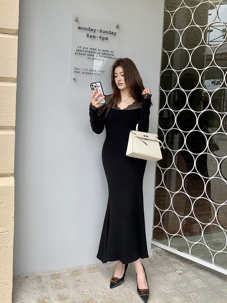 【dress】レースドッキングマーメイドニットワンピース　N2902