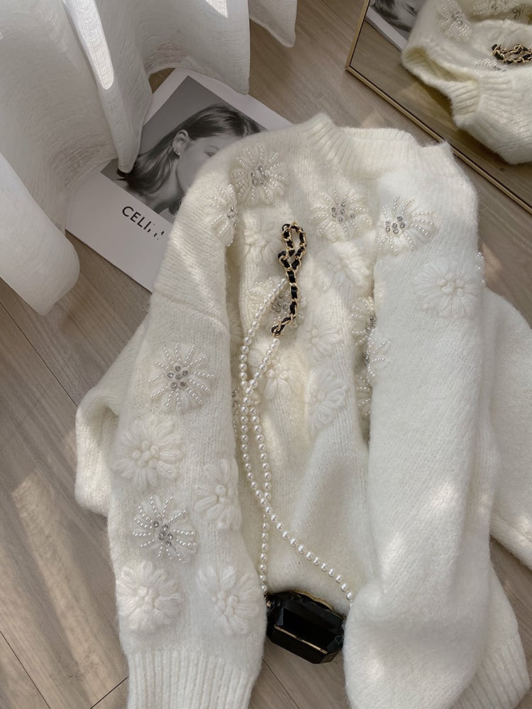 【tops】立体フラワーパールニットトップス　N2807