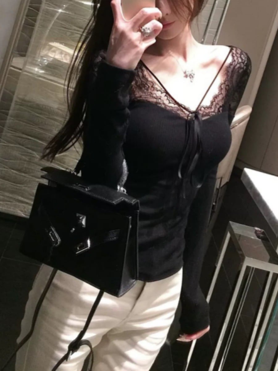 【tops】レース切り替え長袖Tシャツ　M29408