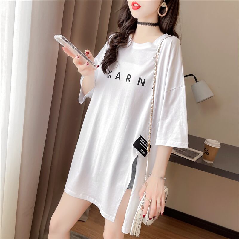 【tops】ラウンドネック半袖大きいサイズゆったりスリットTシャツF0074