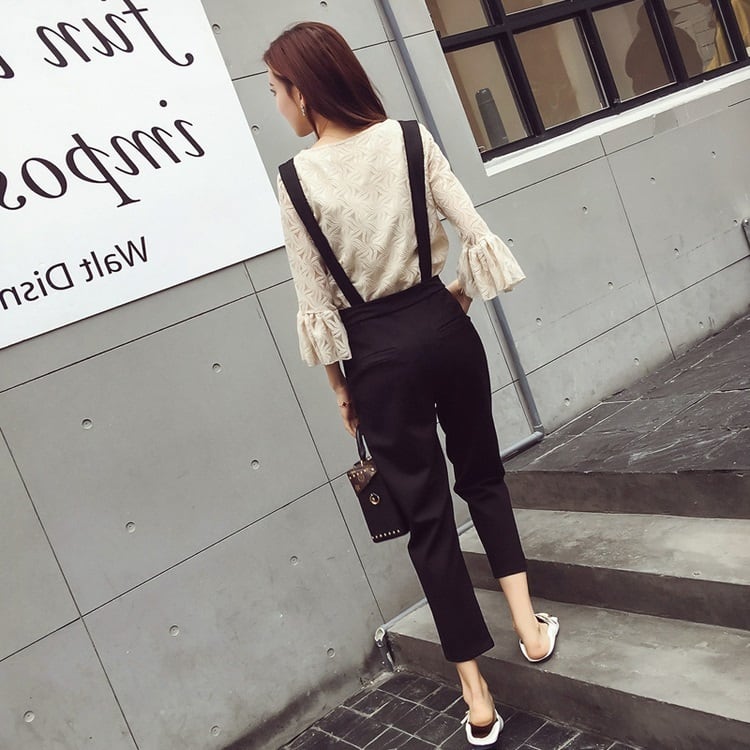 【set】大人可愛いフレアスリーブトップス＋サロペット通勤日常セットアップF0063