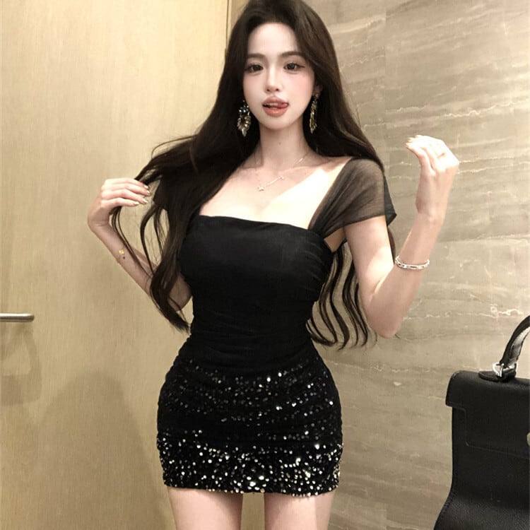【dress】スパンコールチュールコンビワンピース　M29066