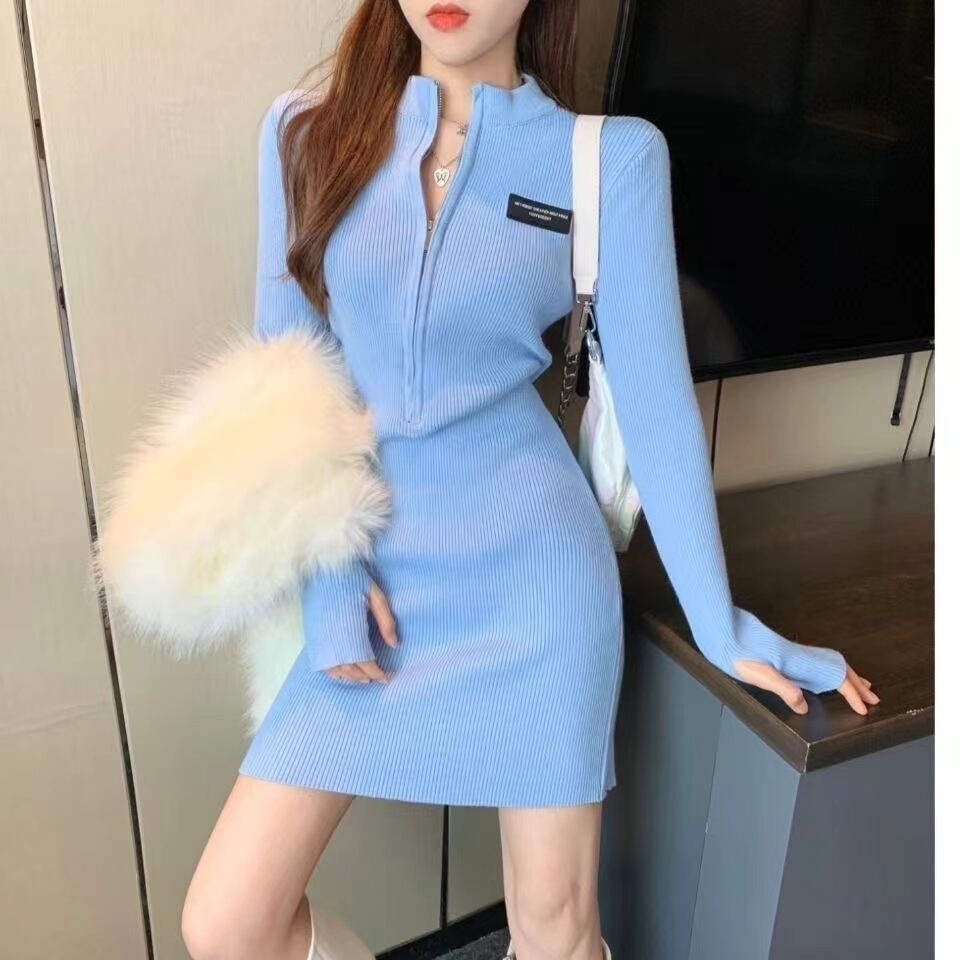 【dress】細身効果抜群♪韓国風INS風秋冬ファスナー長袖体型カバーニットワンピースF3523
