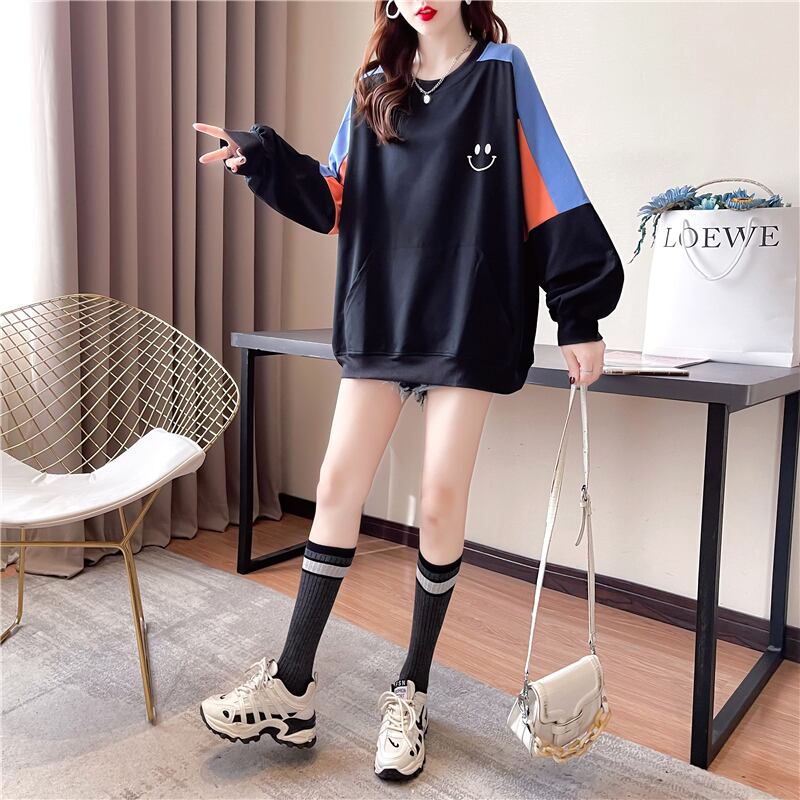 【tops】オシャレ度満点〜ラウンドネック長袖配色英字柄ゆったり着回しパーカーF0677