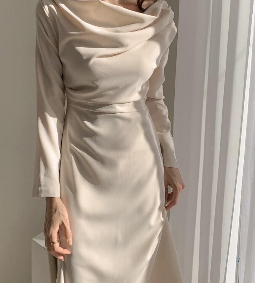【dress】エレガント気質満点シンプル不規則着痩せハイウエスト長袖ワンピース G2964