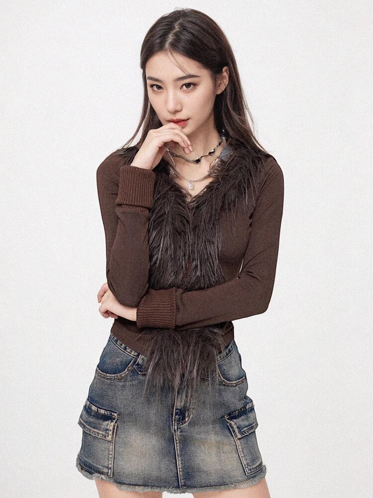 【tops】ファードッキングニットトップス Q7617
