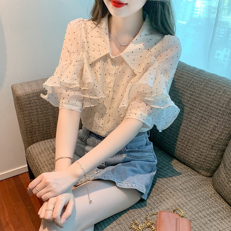 【tops】パフスリーブドット柄ブラウスG21556