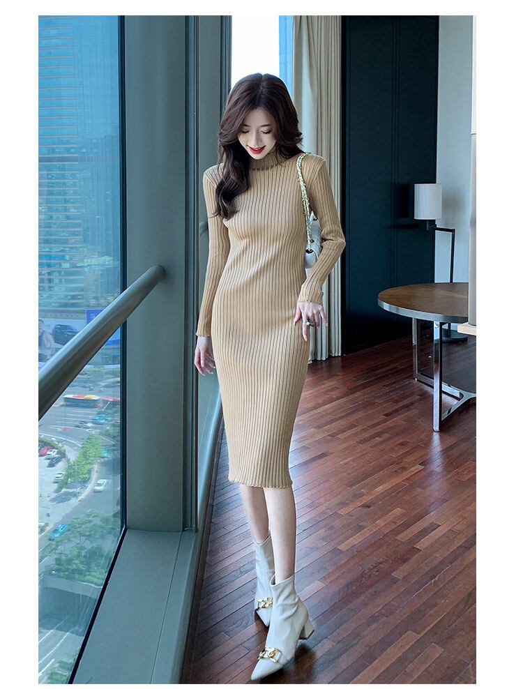 【dress】一目惚れ！2色ハーフネック長袖着やせ体型カバー無地ニットワンピースF1624