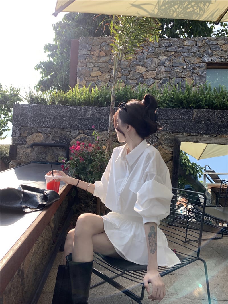 【set】POLOネックブラウス+スカート２点セットG21434