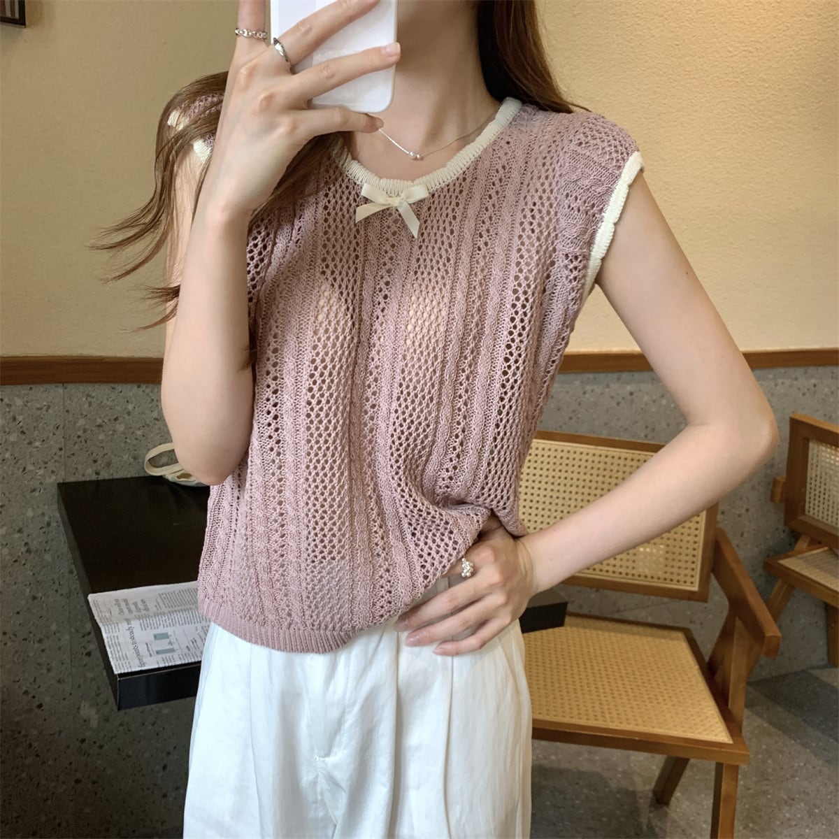 【tops】カットワークニットTシャツ　M24902