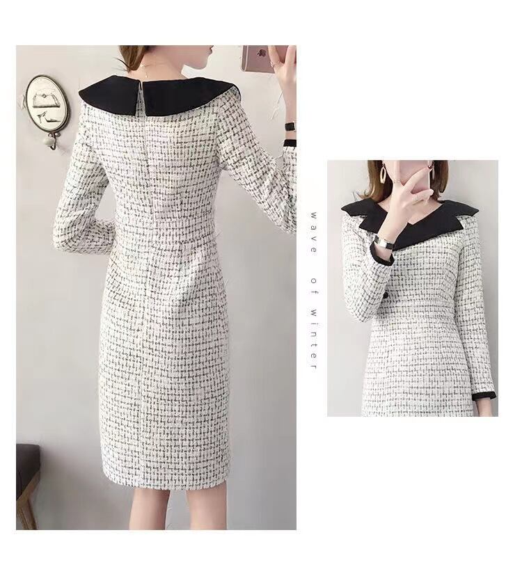 【dress】気質溢れる♪韓国風ラペル長袖スリットチェック柄体型カバー配色タイトフォーマルワンピースF1407