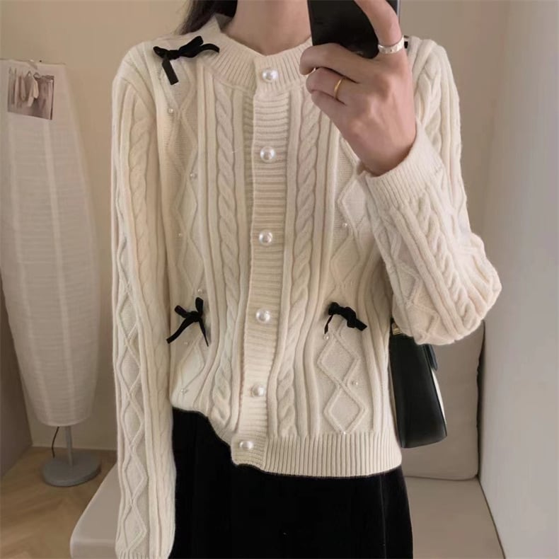 【outer】リボン付きパールニットカーデ　M25848
