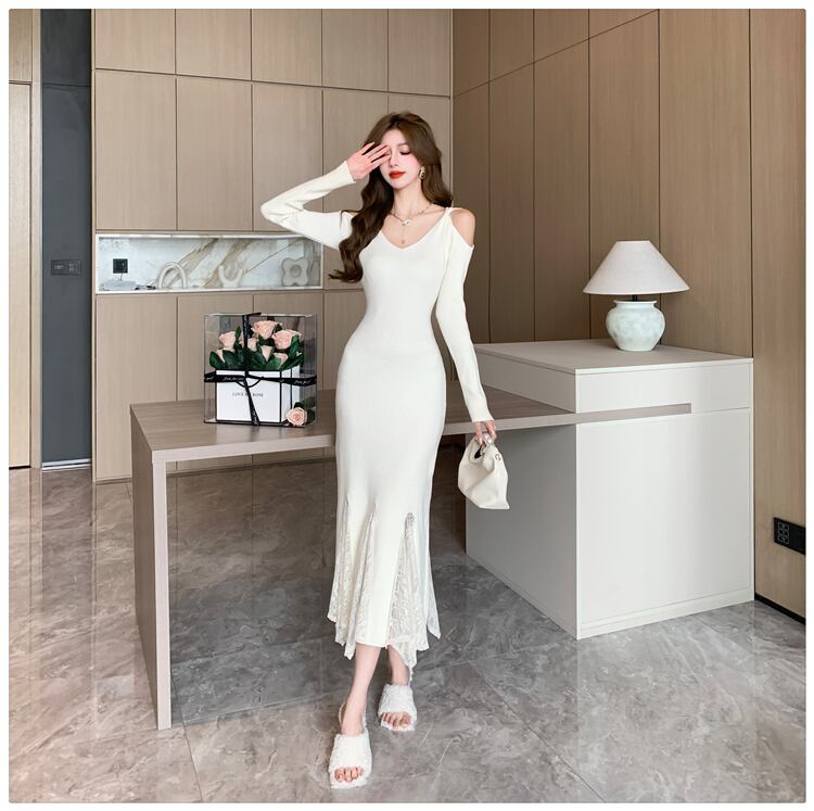 【dress】レースドッキングニットワンピース　M28023