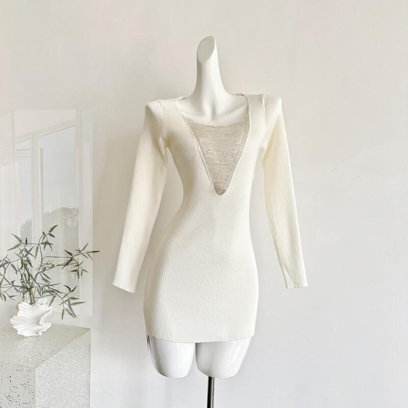 【dress】ビーズチェーンドッキングニットワンピース Q7647