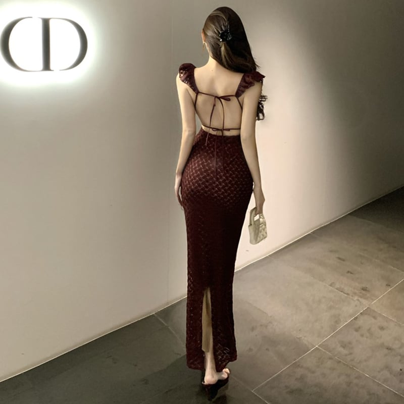 【dress】Vネックストラップバックロングワンピース Q8039