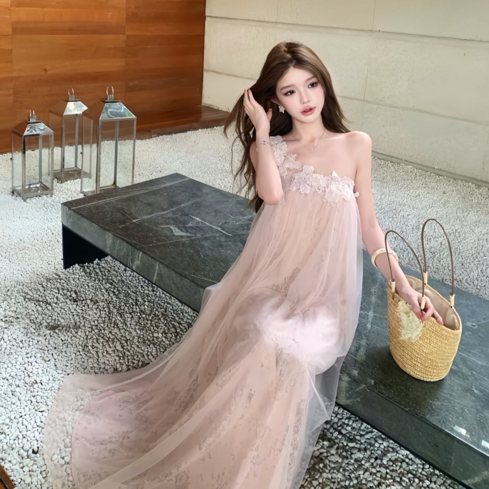【dress】ワンショルダーレースドッキングチュールワンピース K0559