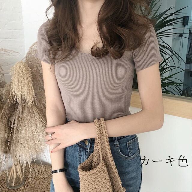 【tops】美人度アップ!韓国系スウィートVネックタイトニットTシャツF0061