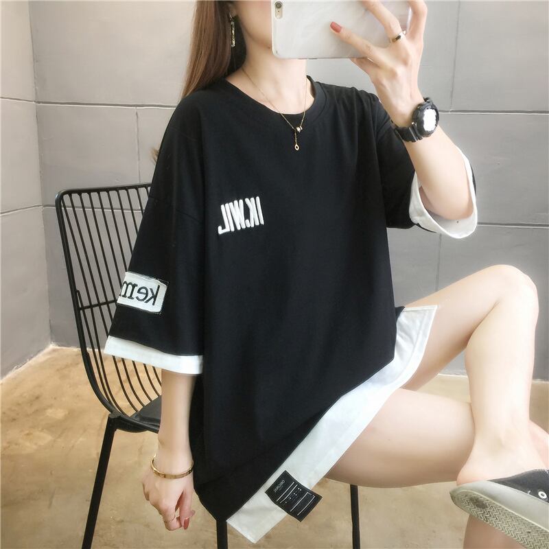 【tops】ラウンドネック半袖カジュアル偽二つ切り替え配色着まわしTシャツ