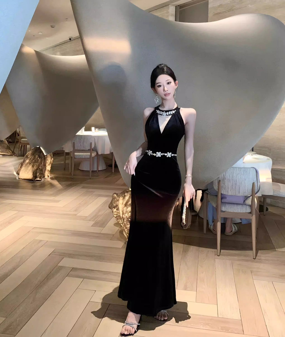 【dress】ノースリーブベルベットワンピース Q7886