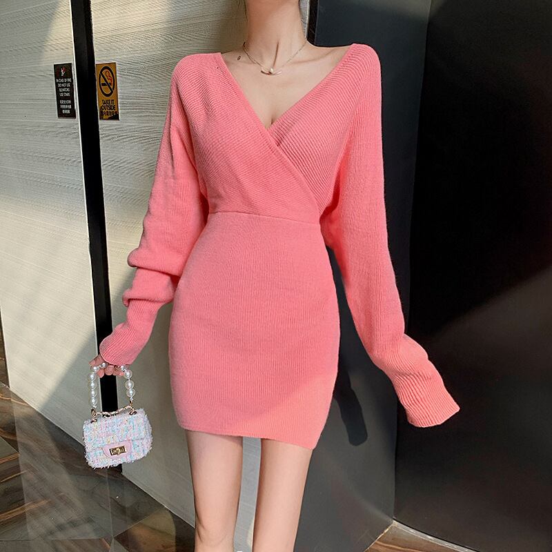 【dress】Vネックニットワンピース　M18712