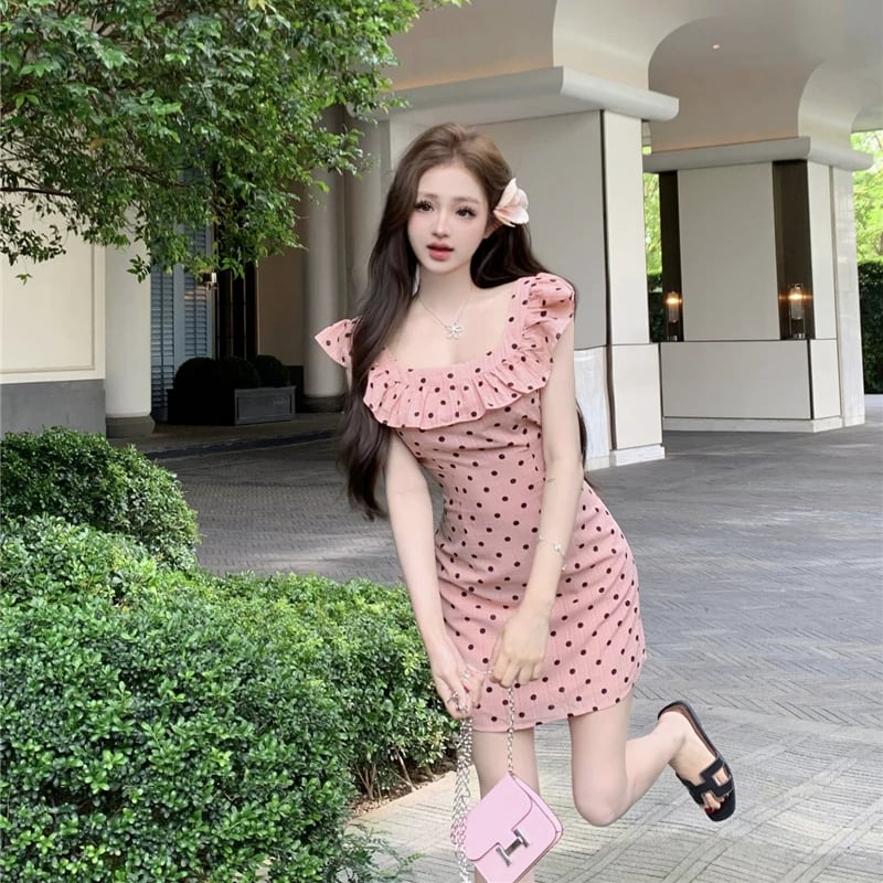 【dress】ギャザーフリルドット柄ミニワンピース Q8510
