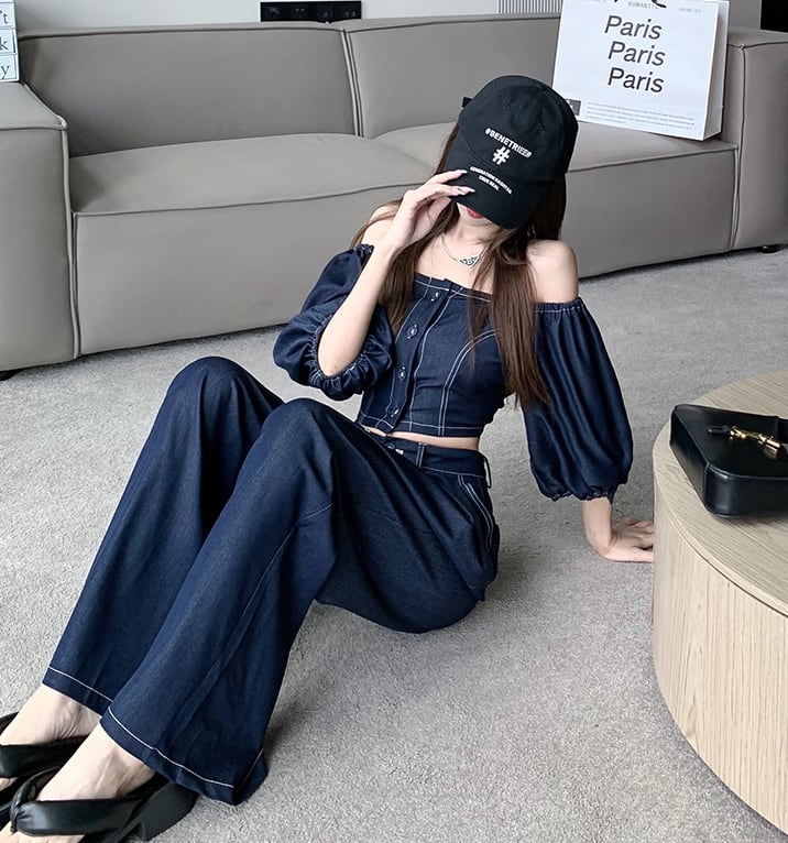 【set】オフネック半袖パフ袖ブラウス+無地ガウチョパンツ2点セットF5313