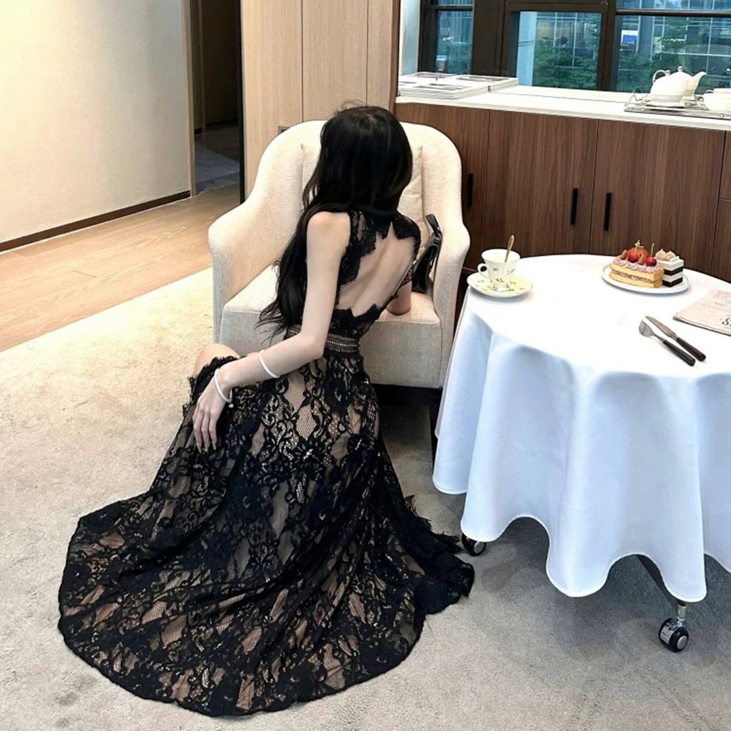 【dress】バックオープンスリットレースワンピース　M32516