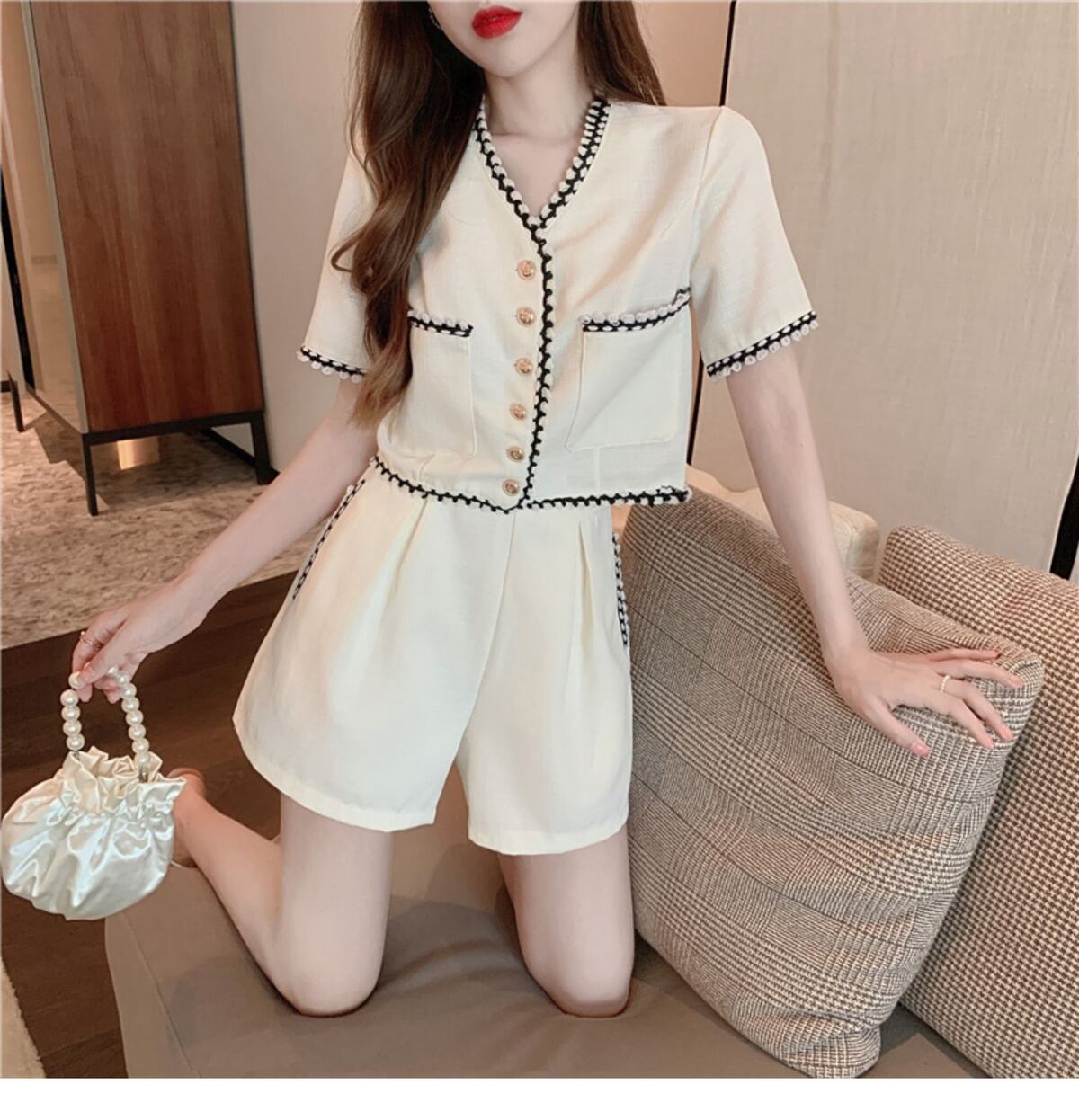 【set】半袖ブラウス+ギャザーショートパンツ２点セット F7361