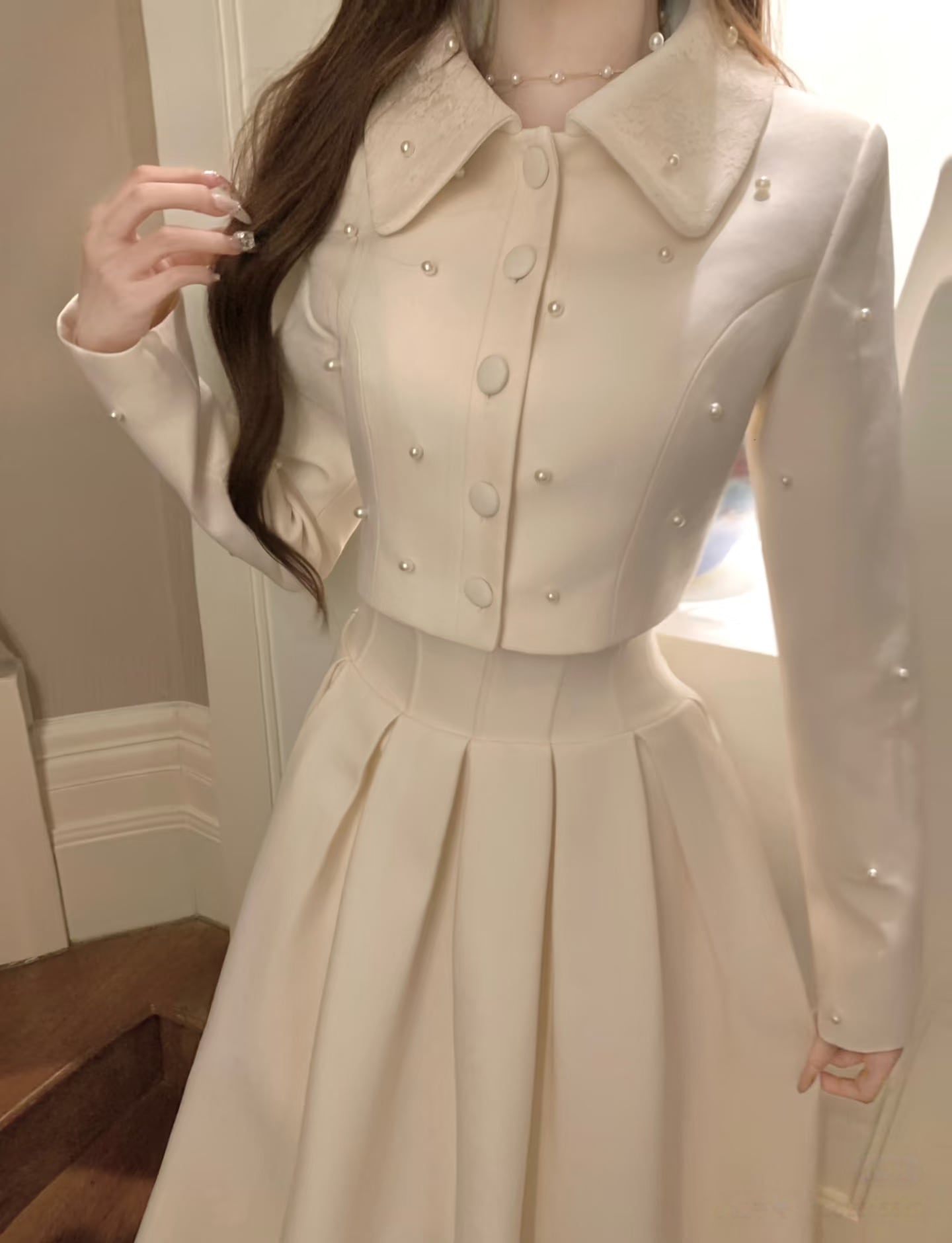 【set】パール付きショートジャケット×ロングスカートセット N3401