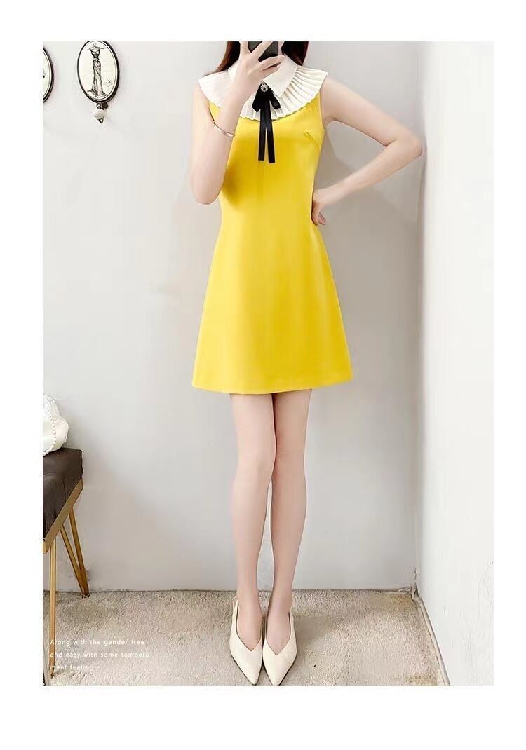 【dress】大人可愛い韓国風INS風POLOネックノースリーブ配色蝶々結びOL通勤タイトンワンピースF2425