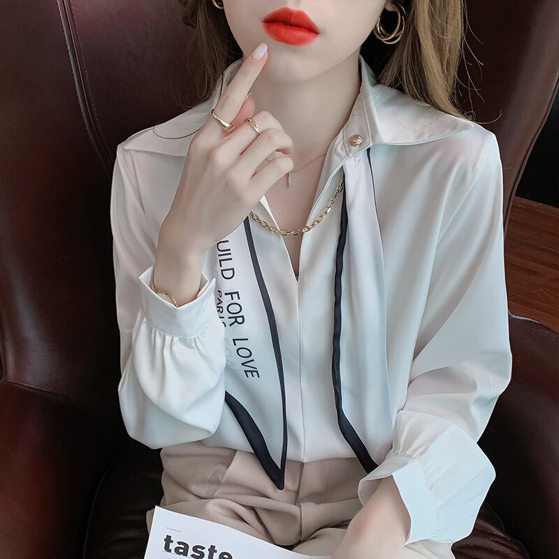 【tops】韓国ファッションラペル長袖無地ファッション着回しOL通勤シャツF0664